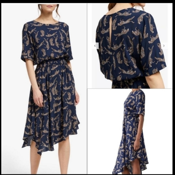 Anthropologie Navy Blue Tiger Printed Dress - Picture 3 of 8